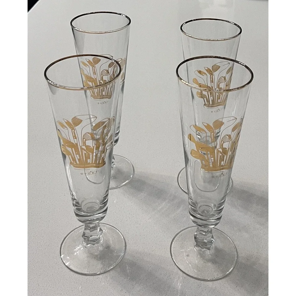 Vintage Clear Glass Champagne Glasses with Gold‎ Golf Clubs by F-O-R-T Set Of 4